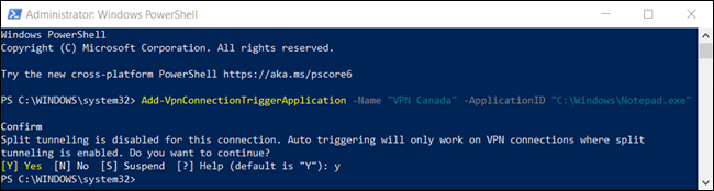 The "Y" command to confirm split tunneling is disabled by default in a PowerShell window.