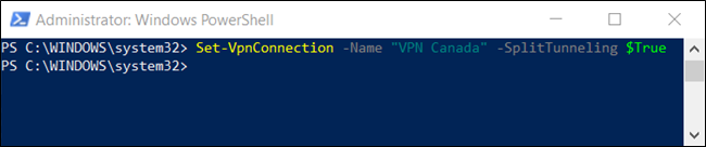 The "Set-VpnConnection -Name "<VPNConnection>" -SplitTunneling $True" command in a PowerShell window. 