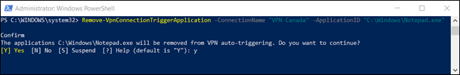 "Y" confirming the deletion of an auto-trigger in a PowerShell window. 