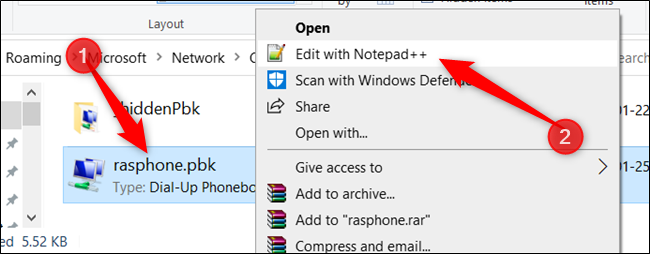 Right-click "rasphone.pbk," and then select a text editor.