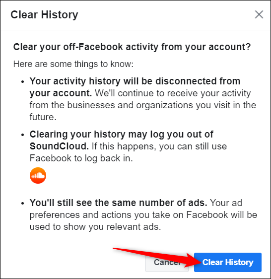 Click "Clear history" to remove all activity history from your off-Facebook activity list.