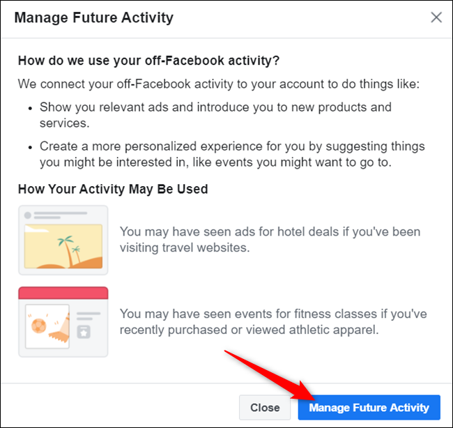 Read the dialog and click "Manage future activity" when ready to proceed.