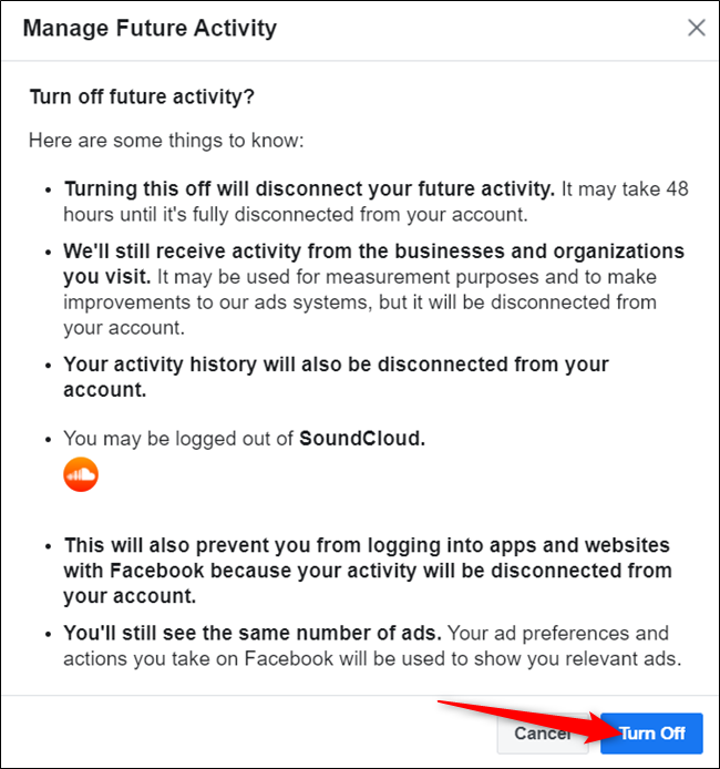Read the warning tied to turning off activity and click "Turn off" when you're ready to continue.