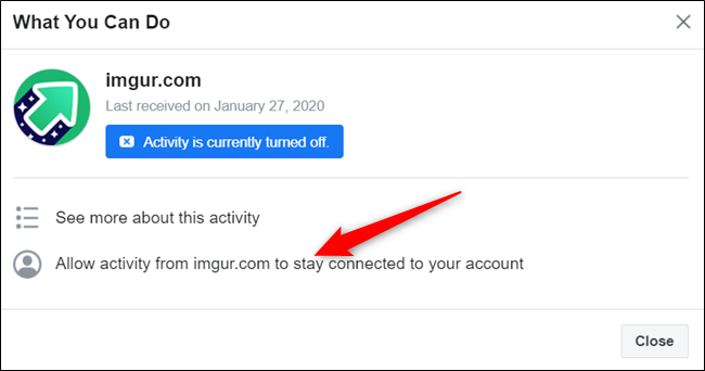Click "Allow activity from..." to reinstate activity connected to your account from this app or website.