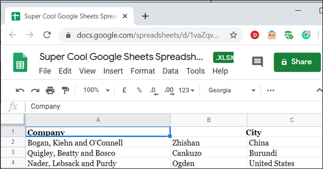 A spreadsheet open in Google Sheets.