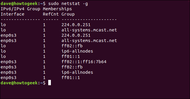 sudo netstat -g in a terminal window