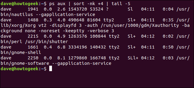 ps aux | sort -nk +4 | tail -5 in a terminal window