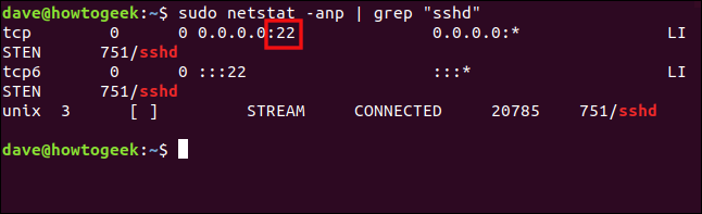 sudo netstat -anp | grep "sshd" in a terminal window