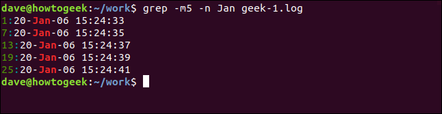 grep -m5 -n Jan geek-1.log in a terminal window