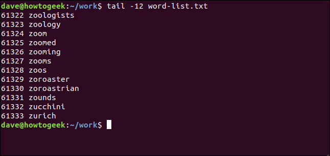 tail -12 word-list.txt in a terminal window