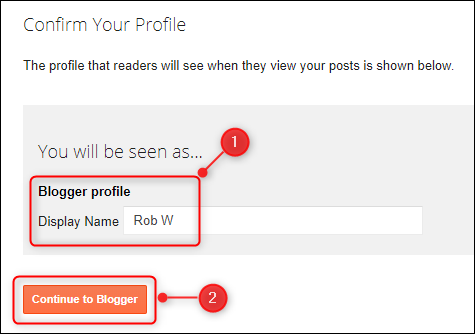 The &quot;Confirm Your Profile&quot; panel, with the &quot;Display Name&quot; field highlighted.