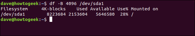 df -B 4096 /dev/sda1 in a terminal window