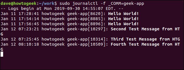sudo journalctl -f _COMM=geek-app in a terminal window