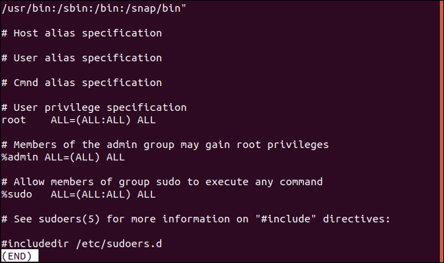 Contents of the /etc/sudoers file in a terminal window