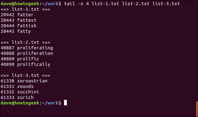 tail -n 4 list-1.txt list-2.txt list-3.txt in a terminal window
