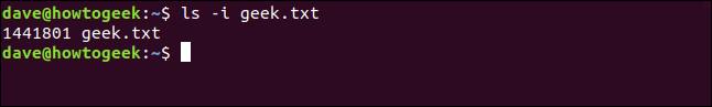 ls -i geek.txt in a terminal window