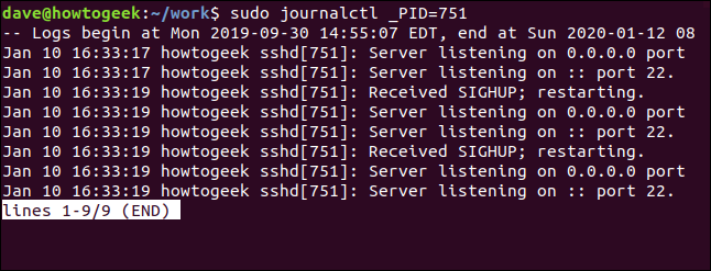 output from sudo journalctl _PID=751 in a terminal window
