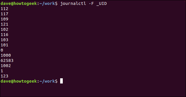 journalctl -F _UID in a terminal window