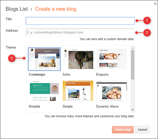 The &quot;Create a new blog&quot; panel with Title, Address, and Them fields highlighted.