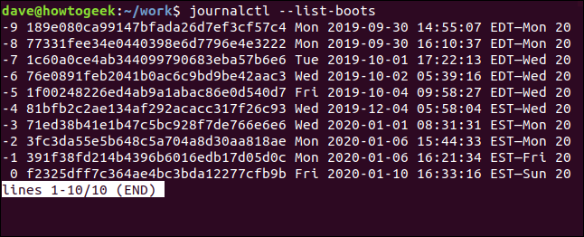 journalctl --list-boots in a terminal window