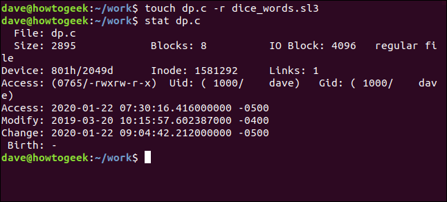 touch dp.c -r dice_words.sl3 in a terminal window
