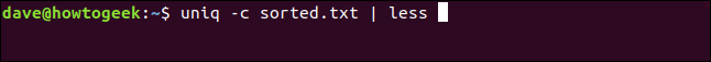 uniq -c sorted.txt | less in a terminal window