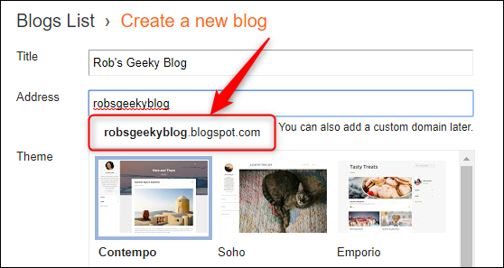 The dropdown showing the full blogspot address.