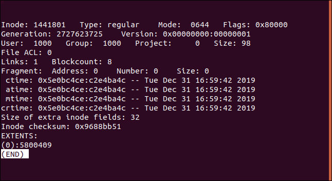 inode metadata displayed in less in a terminal window