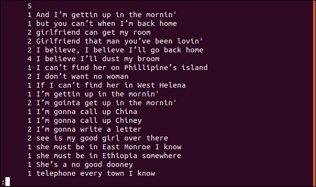 Output from uniq -c sorted.txt | less in less in a terminal window
