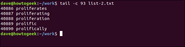 tail -c 93 list-2.txt in a terminal window