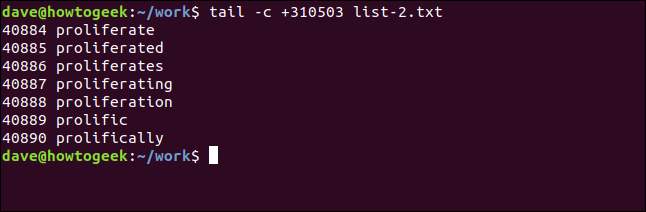 tail -c +351053 list-e.txt in a terminal window