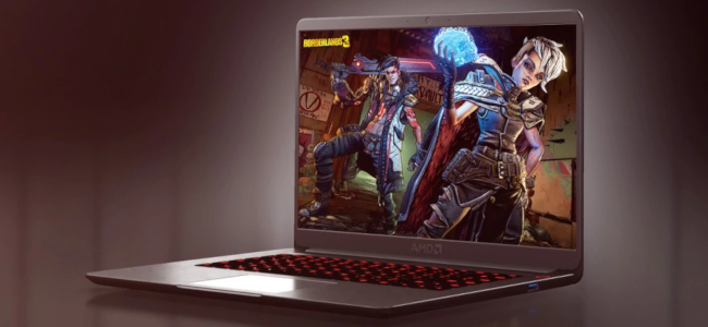 An AMD-branded laptop on a purple background with a Borderlands 3 promtional image on the laptop screen.