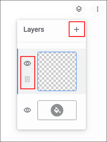 The Layers menu in Google Chrome Canvas with options to add, delete or hide layers