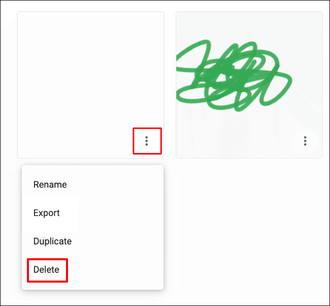 To delete a Google Chrome Canvas drawing, click on the hamburger button icon on the drawing thumbnail in the selection screen, then click Delete