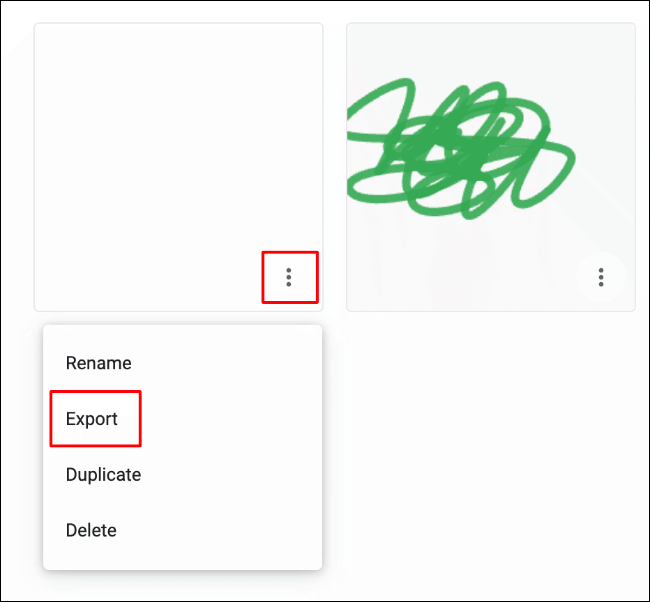 To export your Google Chrome Canvas drawing outside of the editing screen, click on the hamburger icon for the drawing, then click Export