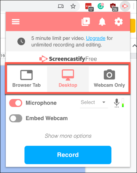 Press Screencastify and select your preferred recording option