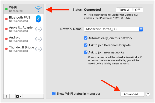 Click on Advanced button from the Wi-Fi menu