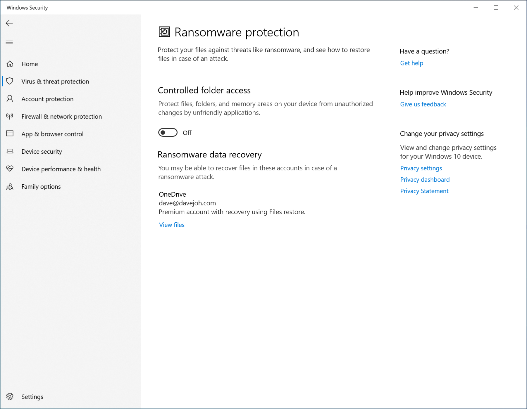 The ransomeware settings in Windows Defender