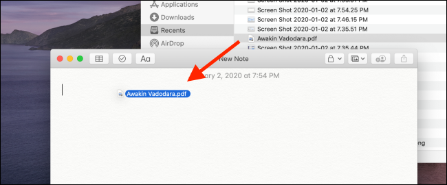 Drag the PDF from Finder to the Notes app