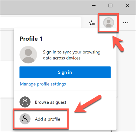 To add a second user profile in Microsoft Edge, click the top-right profile icon, then click Add a Profile
