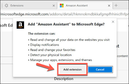 Click Add extension to allow an extension to be installed in Microsoft Edge