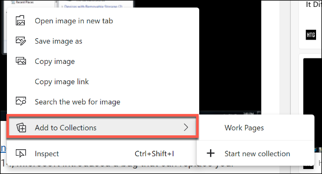Right click an object or selected text, then select your collection under the Add to Collection subcategory to add that content to your Microsoft Edge collection