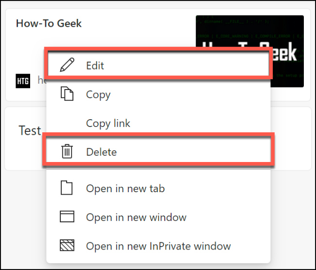 The options for deleting or editing a saved web page n Microsoft Edge collections