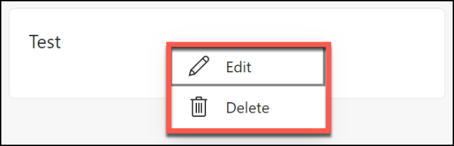 The options to delete or edit a saved note in a Microsoft Edge collection