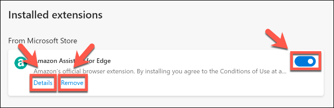 On the Edge extensions page, click details for more information or to access more settings, remove to remove an extension, or the slider to disable/enable it