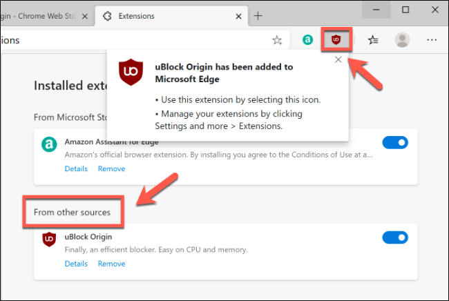 Google Chrome extensions installed on Microsoft Edge, listed on the Extensions page