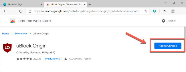 Click Add to Chrome to install a Chrome extension in Edge