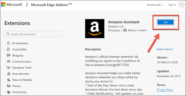 Click Get to install a Microsoft Edge extension from the Microsoft Store
