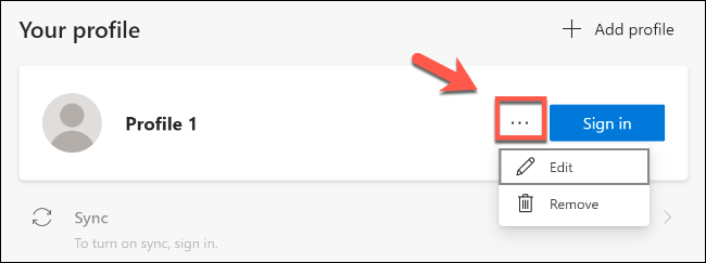 Click the horizontal menu icon to remove or edit a profile in Microsoft Edge
