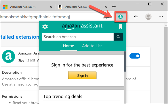 Click on an extension icon in Edge, next to the address bar, to interact with it